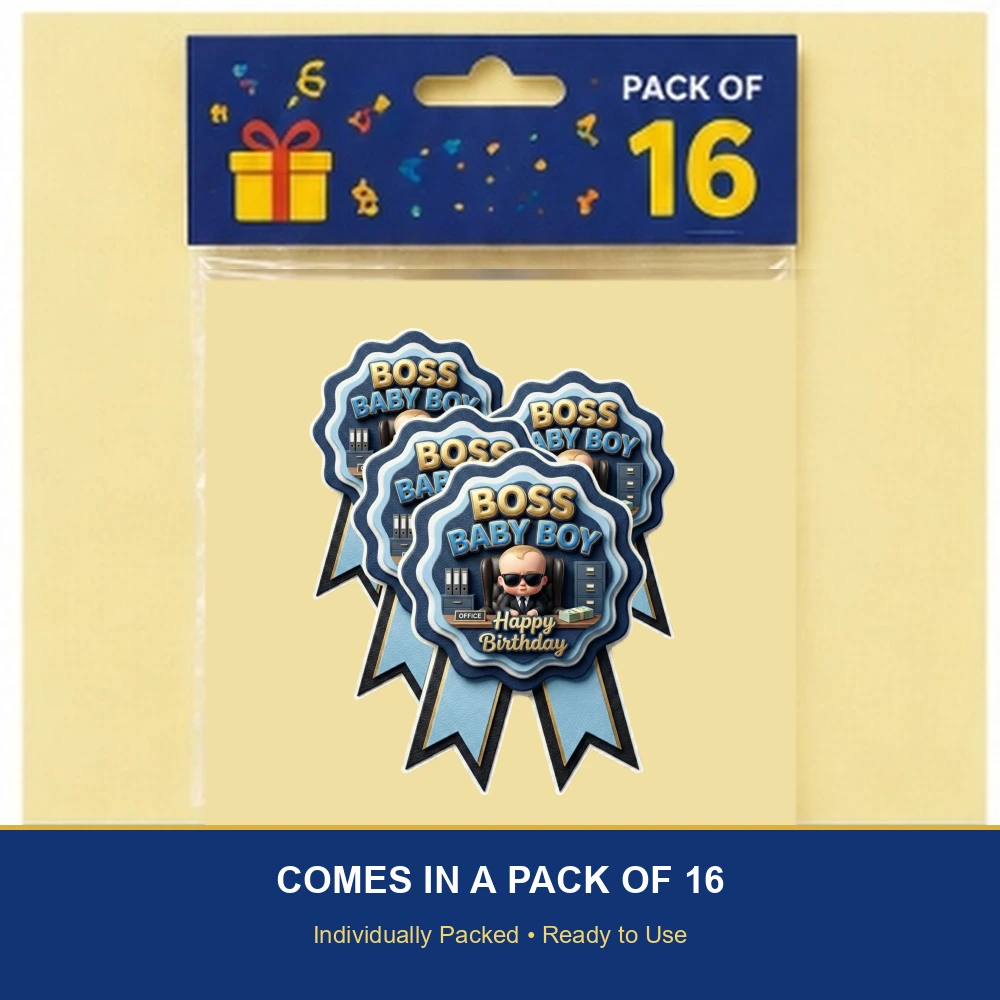 Boss Baby Theme Paper Badges For Kids Birthday Party Supplies (Pack Of 16) - 300 GSM Premium Cardstock with Pin (3.7 x 3 Inch) - Premium Handcrafted 300 GSM Theme Badges by Party Decor Mall India - View 6