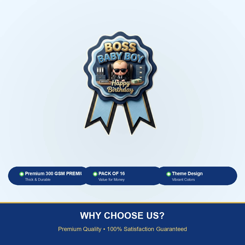 Boss Baby Theme Paper Badges For Kids Birthday Party Supplies (Pack Of 16) - 300 GSM Premium Cardstock with Pin (3.7 x 3 Inch) - Premium Handcrafted 300 GSM Theme Badges by Party Decor Mall India - View 7