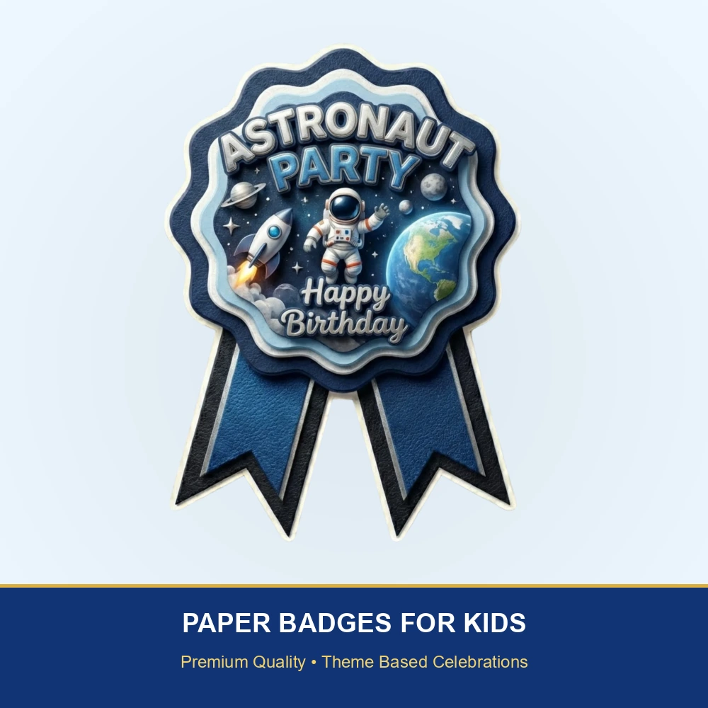 Astronaut Theme Paper Badges For Kids Birthday Party Supplies (Pack Of 16) - 300 GSM Premium Cardstock with Pin (3.7 x 3 Inch) - Premium Handcrafted 300 GSM Theme Badges by Party Decor Mall India - View 2