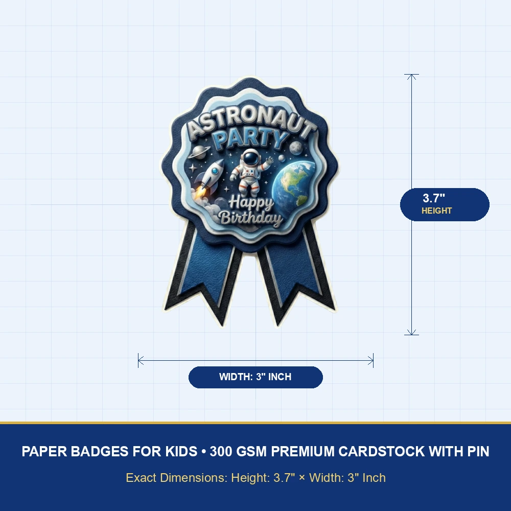 Astronaut Theme Paper Badges For Kids Birthday Party Supplies (Pack Of 16) - 300 GSM Premium Cardstock with Pin (3.7 x 3 Inch) - Premium Handcrafted 300 GSM Theme Badges by Party Decor Mall India - View 4