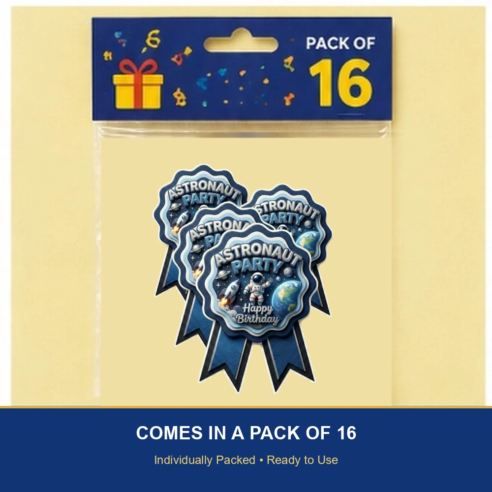 Astronaut Theme Paper Badges For Kids Birthday Party Supplies (Pack Of 16) - 300 GSM Premium Cardstock with Pin (3.7 x 3 Inch) - Premium Handcrafted 300 GSM Theme Badges by Party Decor Mall India - View 6