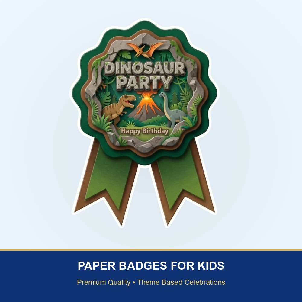 Dinosaur Theme Paper Badges For Kids Birthday Party Supplies (Pack Of 16) - 300 GSM Premium Cardstock with Pin (3.7 x 3 Inch) - Premium Handcrafted 300 GSM Theme Badges by Party Decor Mall India - View 2