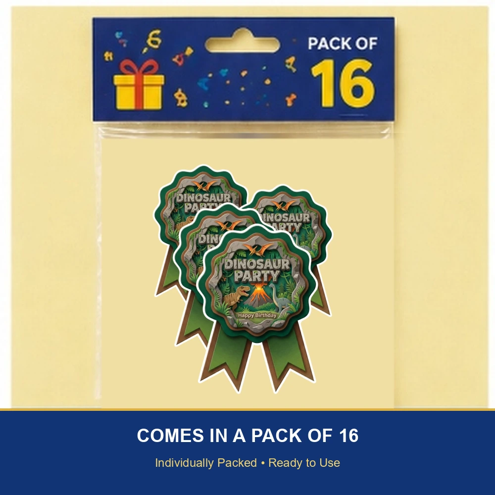 Dinosaur Theme Paper Badges For Kids Birthday Party Supplies (Pack Of 16) - 300 GSM Premium Cardstock with Pin (3.7 x 3 Inch) - Premium Handcrafted 300 GSM Theme Badges by Party Decor Mall India - View 6