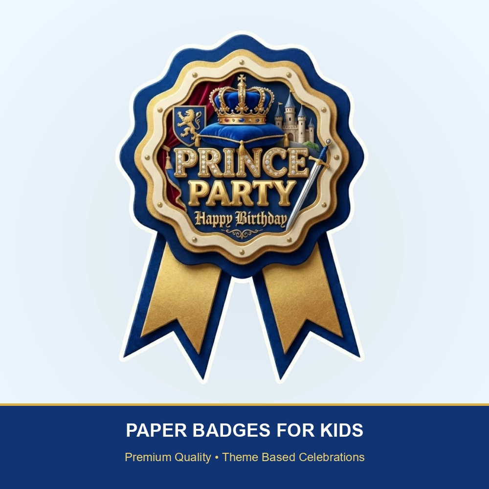 Prince Theme Paper Badges For Kids Birthday Party Supplies (Pack Of 16) - 300 GSM Premium Cardstock with Pin (3.7 x 3 Inch) - Premium Handcrafted 300 GSM Theme Badges by Party Decor Mall India - View 2