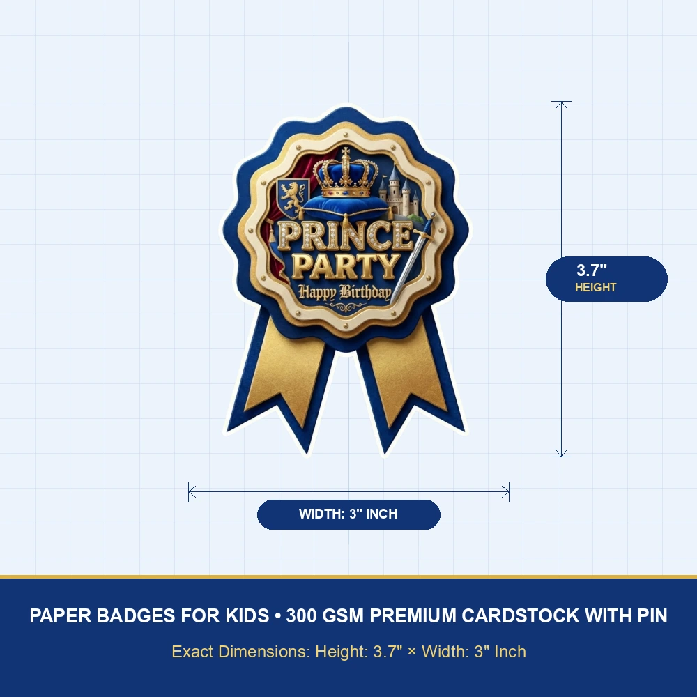 Prince Theme Paper Badges For Kids Birthday Party Supplies (Pack Of 16) - 300 GSM Premium Cardstock with Pin (3.7 x 3 Inch) - Premium Handcrafted 300 GSM Theme Badges by Party Decor Mall India - View 4