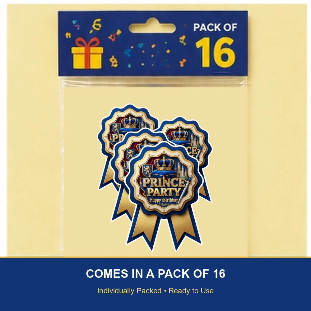 Prince Theme Paper Badges For Kids Birthday Party Supplies (Pack Of 16) - 300 GSM Premium Cardstock with Pin (3.7 x 3 Inch) - Premium Handcrafted 300 GSM Theme Badges by Party Decor Mall India - View 6