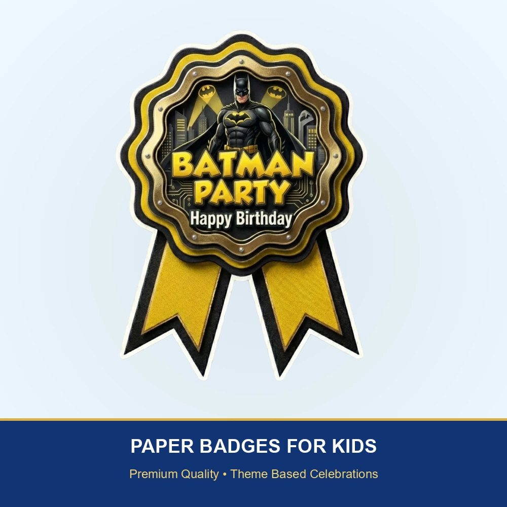 Batman Theme Paper Badges For Kids Birthday Party Supplies (Pack Of 16) - 300 GSM Premium Cardstock with Pin (3.7 x 3 Inch) - Premium Handcrafted 300 GSM Theme Badges by Party Decor Mall India - View 2