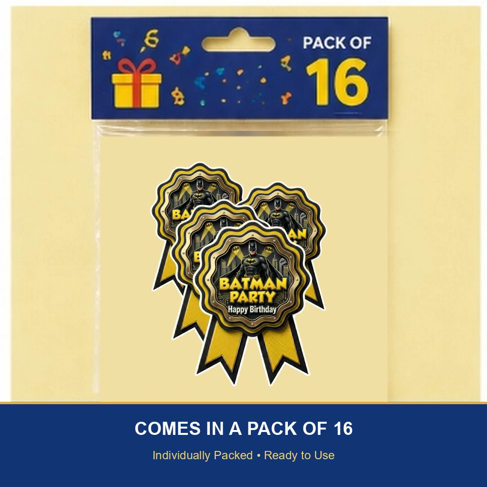 Batman Theme Paper Badges For Kids Birthday Party Supplies (Pack Of 16) - 300 GSM Premium Cardstock with Pin (3.7 x 3 Inch) - Premium Handcrafted 300 GSM Theme Badges by Party Decor Mall India - View 6