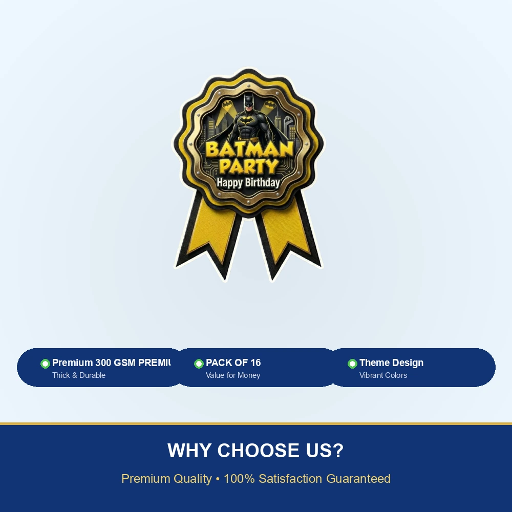 Batman Theme Paper Badges For Kids Birthday Party Supplies (Pack Of 16) - 300 GSM Premium Cardstock with Pin (3.7 x 3 Inch) - Premium Handcrafted 300 GSM Theme Badges by Party Decor Mall India - View 7