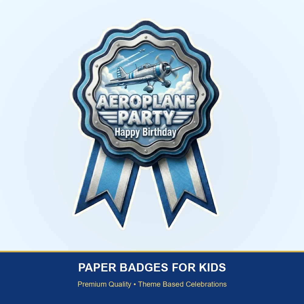 Aeroplane Theme Paper Badges For Kids Birthday Party Supplies (Pack Of 16) - 300 GSM Premium Cardstock with Pin (3.7 x 3 Inch) - Premium Handcrafted 300 GSM Theme Badges by Party Decor Mall India - View 2