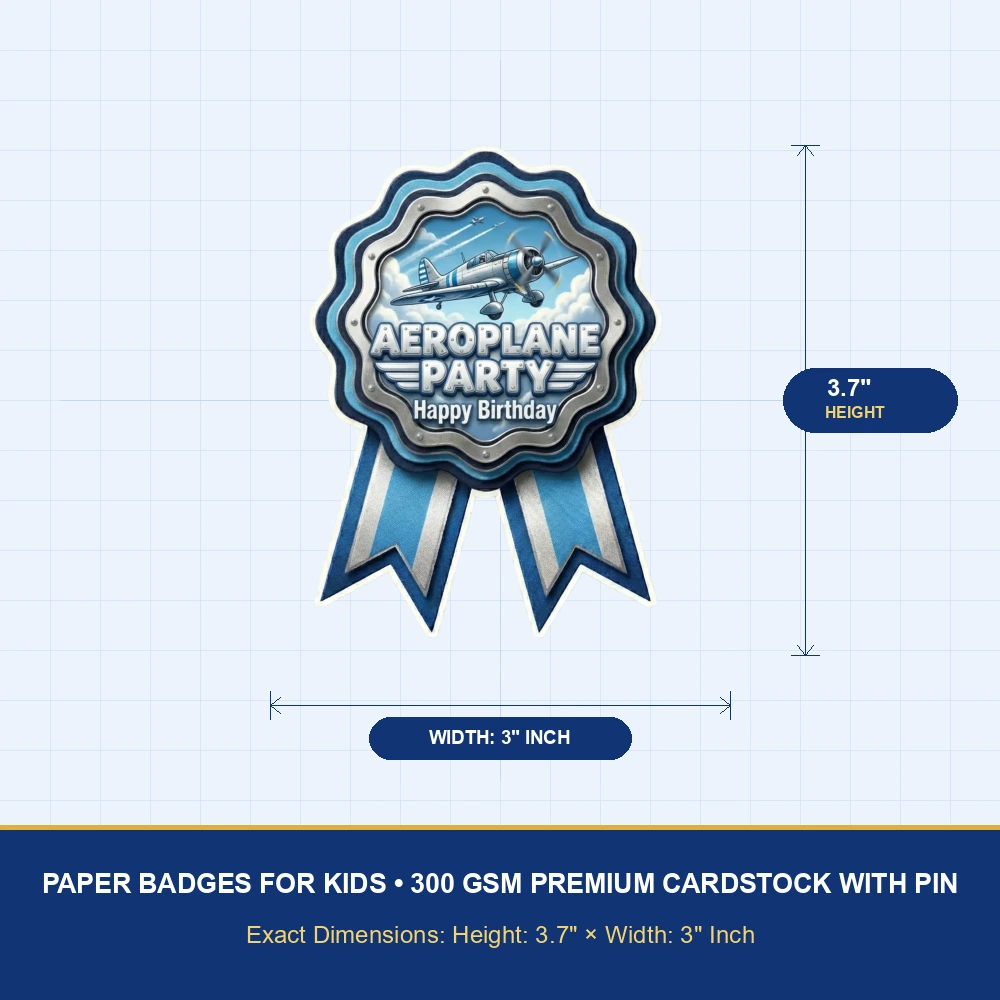 Aeroplane Theme Paper Badges For Kids Birthday Party Supplies (Pack Of 16) - 300 GSM Premium Cardstock with Pin (3.7 x 3 Inch) - Premium Handcrafted 300 GSM Theme Badges by Party Decor Mall India - View 4