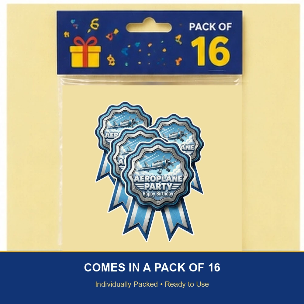 Aeroplane Theme Paper Badges For Kids Birthday Party Supplies (Pack Of 16) - 300 GSM Premium Cardstock with Pin (3.7 x 3 Inch) - Premium Handcrafted 300 GSM Theme Badges by Party Decor Mall India - View 6
