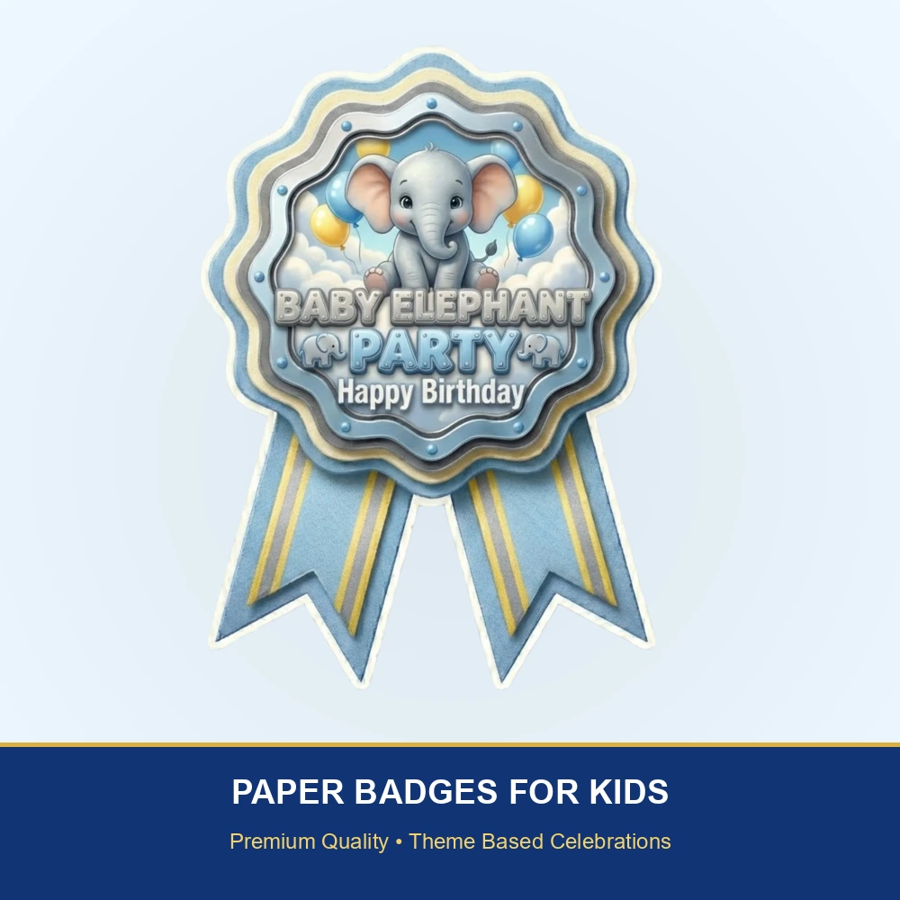 Baby Elephant Boy Theme Paper Badges For Kids Birthday Party Supplies (Pack Of 16) - 300 GSM Premium Cardstock with Pin (3.7 x 3 Inch) - Premium Handcrafted 300 GSM Theme Badges by Party Decor Mall India - View 2
