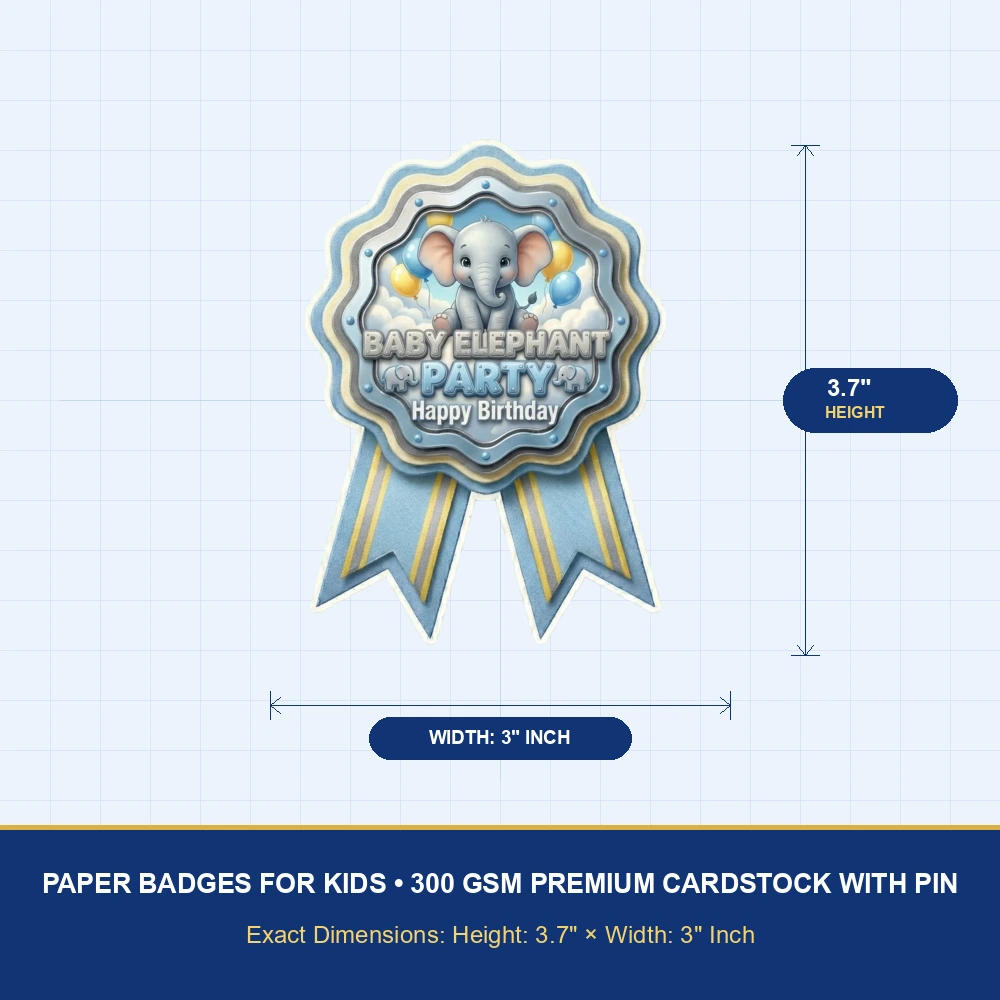 Baby Elephant Boy Theme Paper Badges For Kids Birthday Party Supplies (Pack Of 16) - 300 GSM Premium Cardstock with Pin (3.7 x 3 Inch) - Premium Handcrafted 300 GSM Theme Badges by Party Decor Mall India - View 4