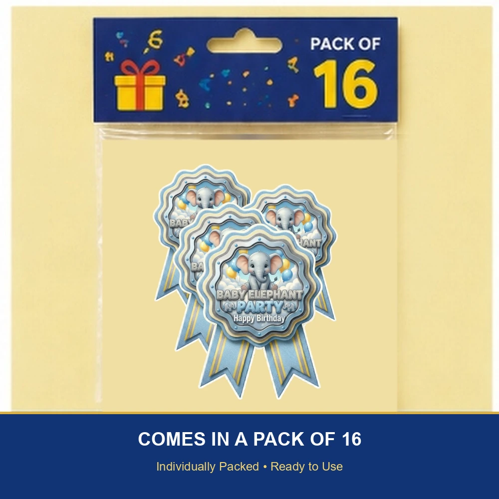 Baby Elephant Boy Theme Paper Badges For Kids Birthday Party Supplies (Pack Of 16) - 300 GSM Premium Cardstock with Pin (3.7 x 3 Inch) - Premium Handcrafted 300 GSM Theme Badges by Party Decor Mall India - View 6