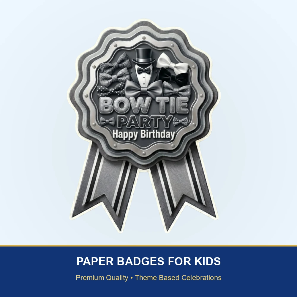 Bow Tie Theme Paper Badges For Kids Birthday Party Supplies (Pack Of 16) - 300 GSM Premium Cardstock with Pin (3.7 x 3 Inch) - Premium Handcrafted 300 GSM Theme Badges by Party Decor Mall India - View 2