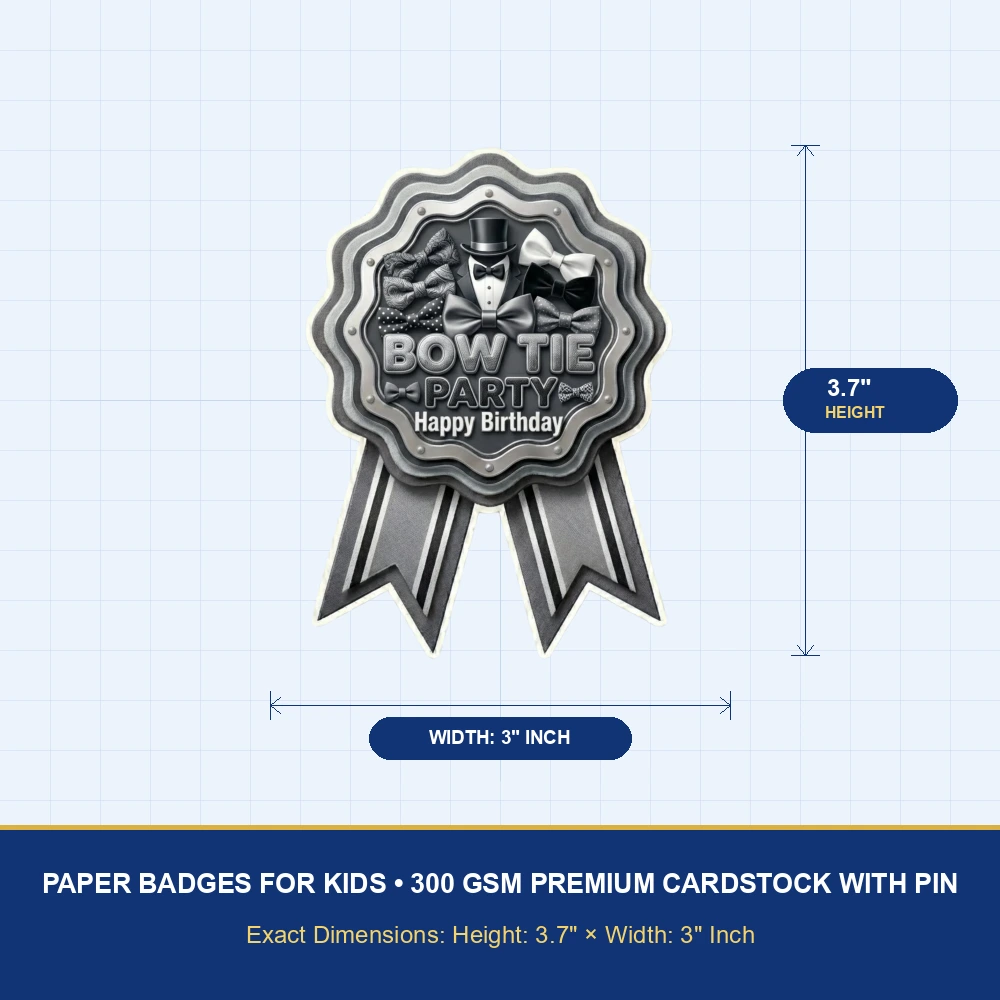 Bow Tie Theme Paper Badges For Kids Birthday Party Supplies (Pack Of 16) - 300 GSM Premium Cardstock with Pin (3.7 x 3 Inch) - Premium Handcrafted 300 GSM Theme Badges by Party Decor Mall India - View 4