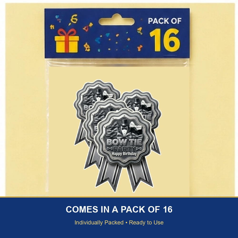 Bow Tie Theme Paper Badges For Kids Birthday Party Supplies (Pack Of 16) - 300 GSM Premium Cardstock with Pin (3.7 x 3 Inch) - Premium Handcrafted 300 GSM Theme Badges by Party Decor Mall India - View 6