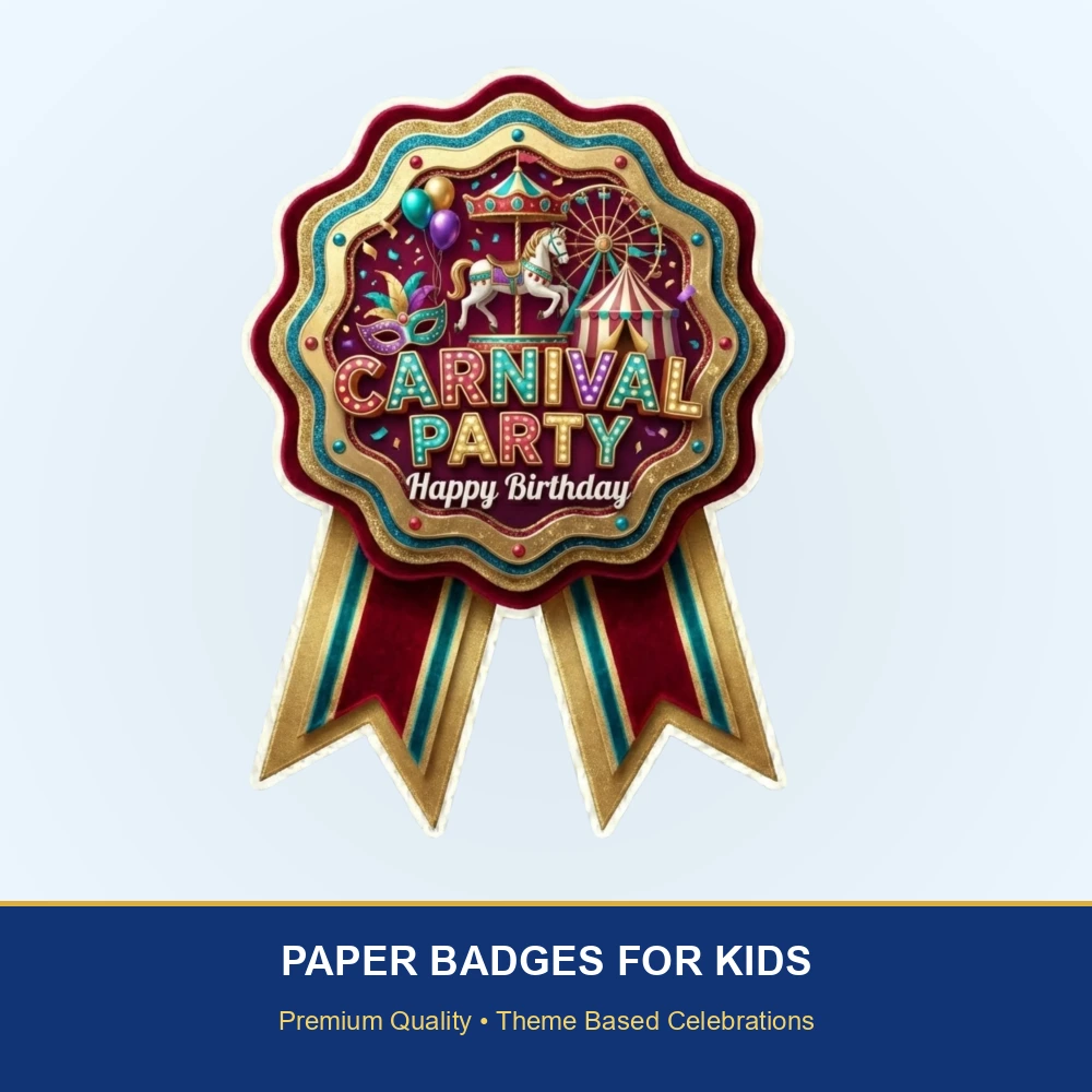 Carnival Theme Paper Badges For Kids Birthday Party Supplies (Pack Of 16) - 300 GSM Premium Cardstock with Pin (3.7 x 3 Inch) - Premium Handcrafted 300 GSM Theme Badges by Party Decor Mall India - View 2