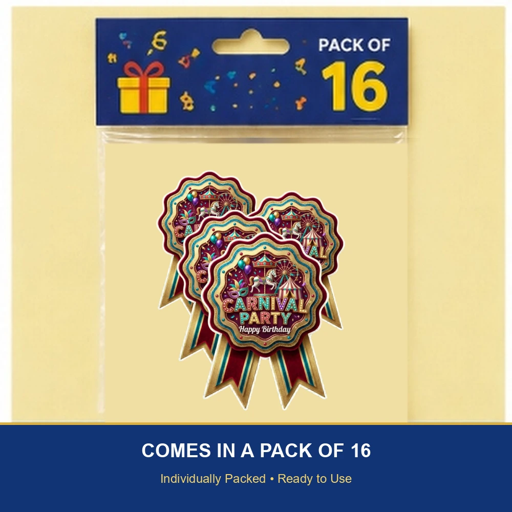 Carnival Theme Paper Badges For Kids Birthday Party Supplies (Pack Of 16) - 300 GSM Premium Cardstock with Pin (3.7 x 3 Inch) - Premium Handcrafted 300 GSM Theme Badges by Party Decor Mall India - View 6