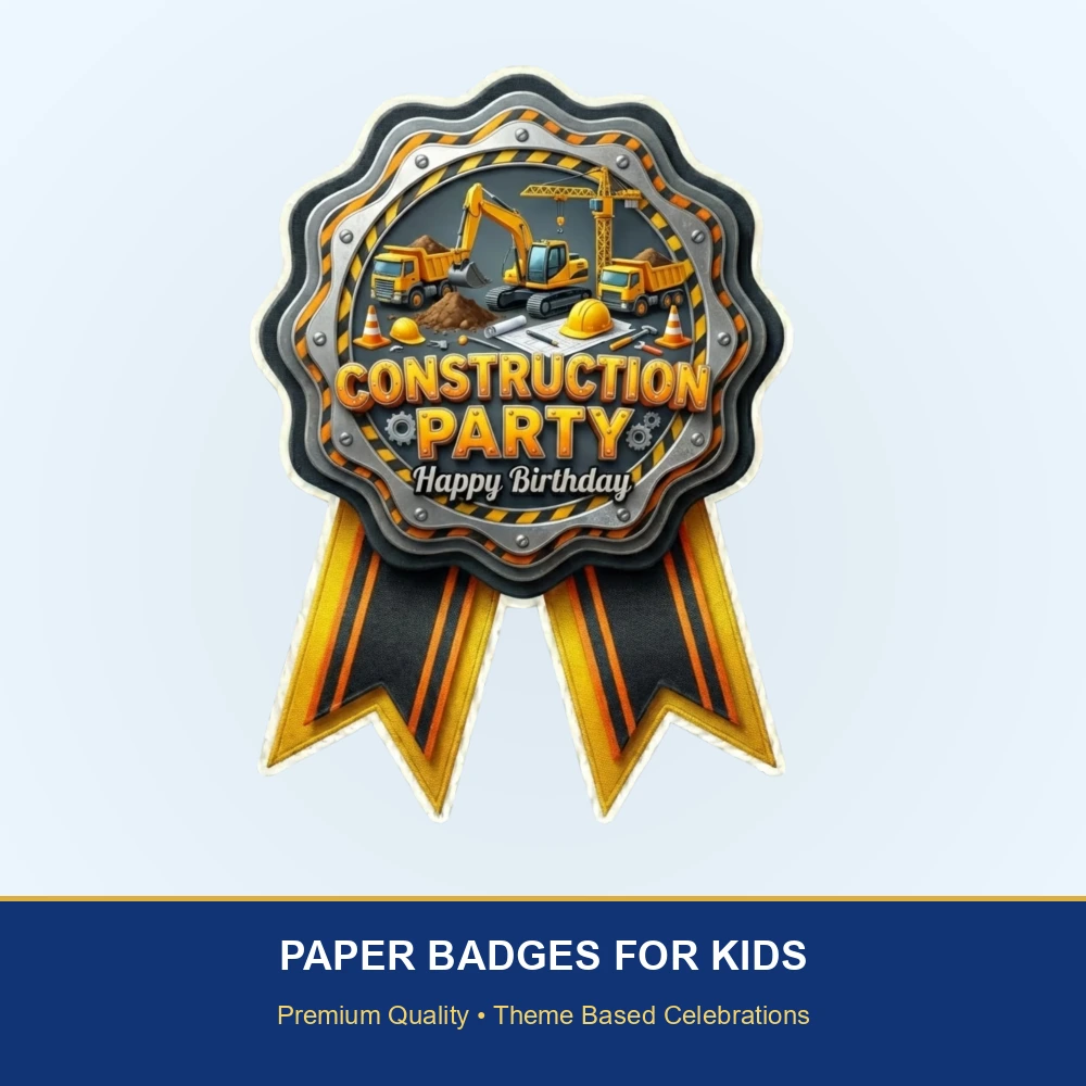 Construction Theme Paper Badges For Kids Birthday Party Supplies (Pack Of 16) - 300 GSM Premium Cardstock with Pin (3.7 x 3 Inch) - Premium Handcrafted 300 GSM Theme Badges by Party Decor Mall India - View 2
