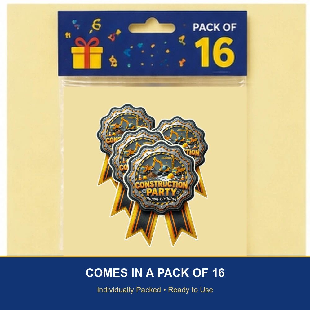 Construction Theme Paper Badges For Kids Birthday Party Supplies (Pack Of 16) - 300 GSM Premium Cardstock with Pin (3.7 x 3 Inch) - Premium Handcrafted 300 GSM Theme Badges by Party Decor Mall India - View 6