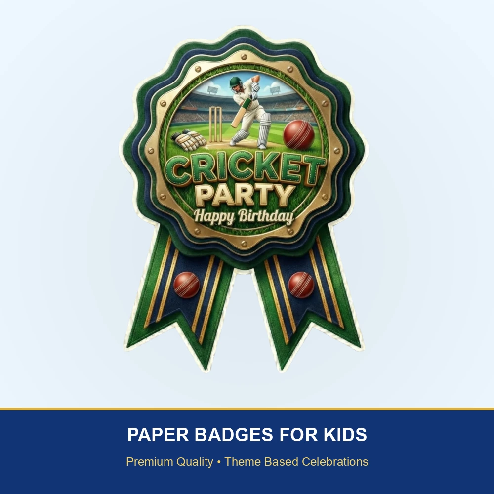 Cricket Theme Paper Badges For Kids Birthday Party Supplies (Pack Of 16) - 300 GSM Premium Cardstock with Pin (3.7 x 3 Inch) - Premium Handcrafted 300 GSM Theme Badges by Party Decor Mall India - View 2
