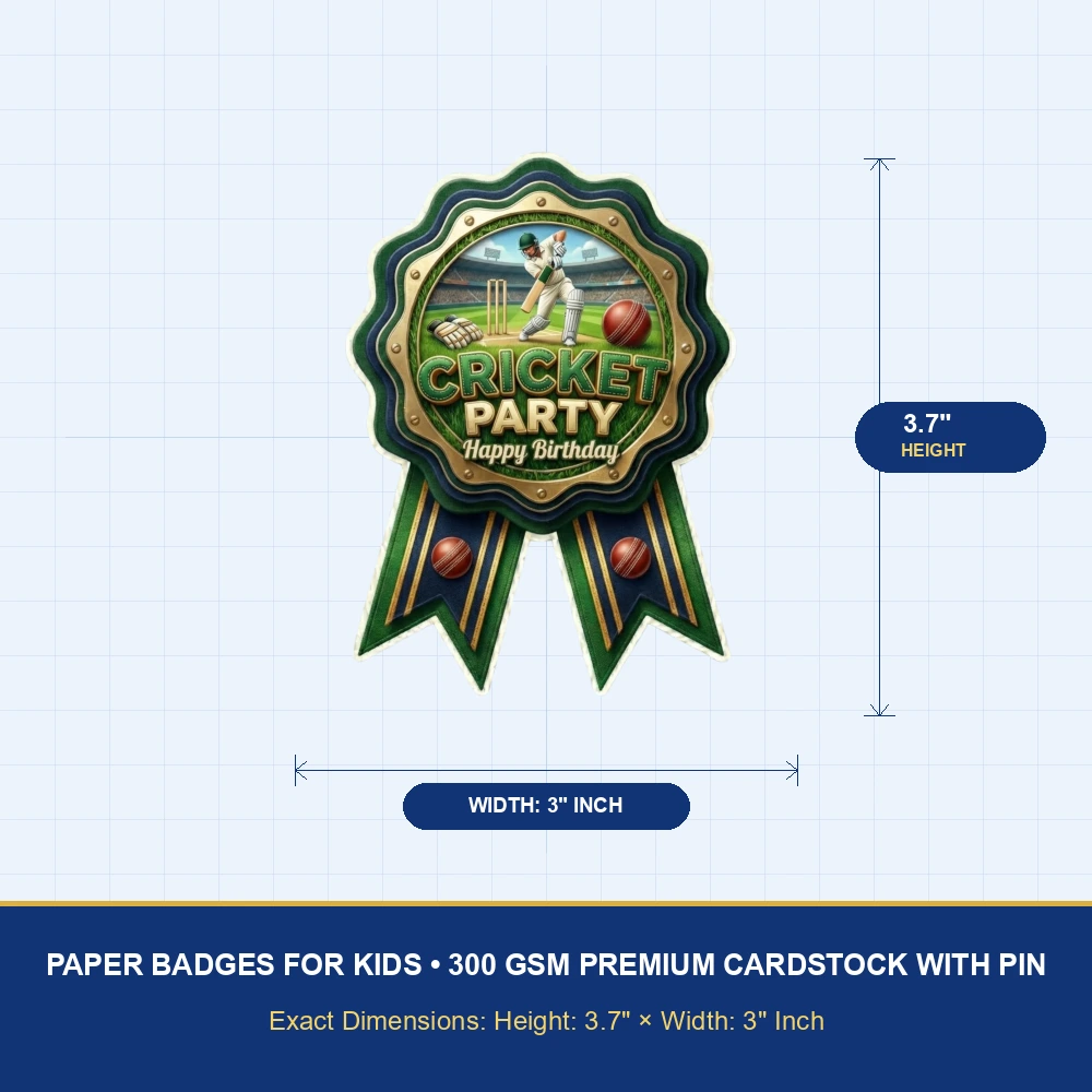 Cricket Theme Paper Badges For Kids Birthday Party Supplies (Pack Of 16) - 300 GSM Premium Cardstock with Pin (3.7 x 3 Inch) - Premium Handcrafted 300 GSM Theme Badges by Party Decor Mall India - View 4