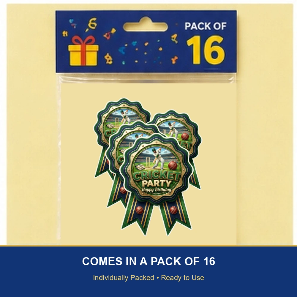 Cricket Theme Paper Badges For Kids Birthday Party Supplies (Pack Of 16) - 300 GSM Premium Cardstock with Pin (3.7 x 3 Inch) - Premium Handcrafted 300 GSM Theme Badges by Party Decor Mall India - View 6