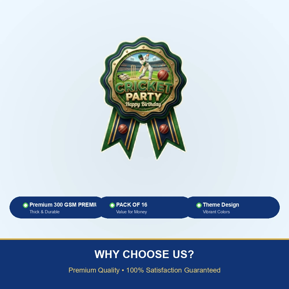 Cricket Theme Paper Badges For Kids Birthday Party Supplies (Pack Of 16) - 300 GSM Premium Cardstock with Pin (3.7 x 3 Inch) - Premium Handcrafted 300 GSM Theme Badges by Party Decor Mall India - View 7