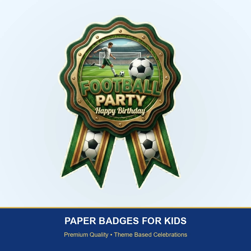 Football Theme Paper Badges For Kids Birthday Party Supplies (Pack Of 16) - 300 GSM Premium Cardstock with Pin (3.7 x 3 Inch) - Premium Handcrafted 300 GSM Theme Badges by Party Decor Mall India - View 2