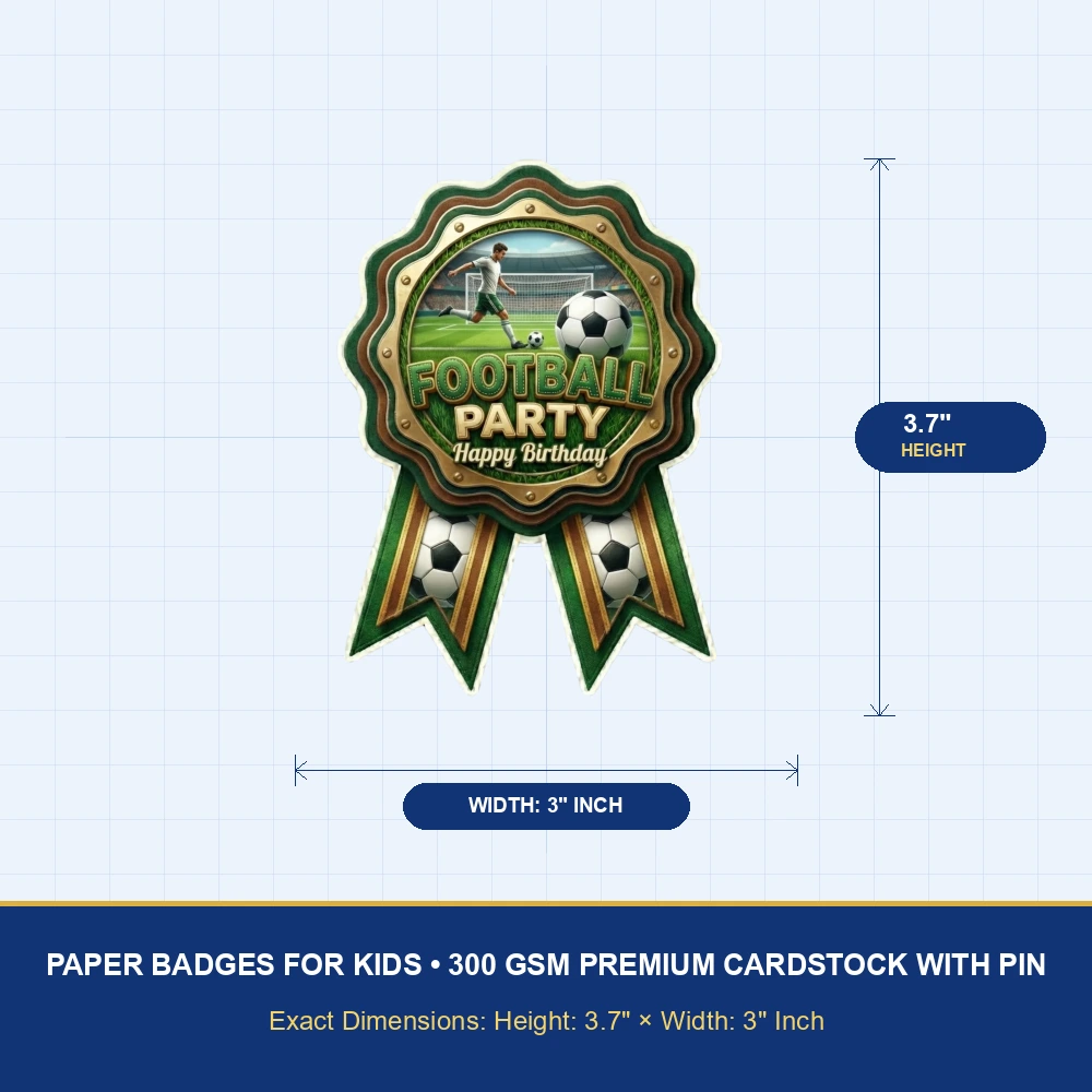 Football Theme Paper Badges For Kids Birthday Party Supplies (Pack Of 16) - 300 GSM Premium Cardstock with Pin (3.7 x 3 Inch) - Premium Handcrafted 300 GSM Theme Badges by Party Decor Mall India - View 4