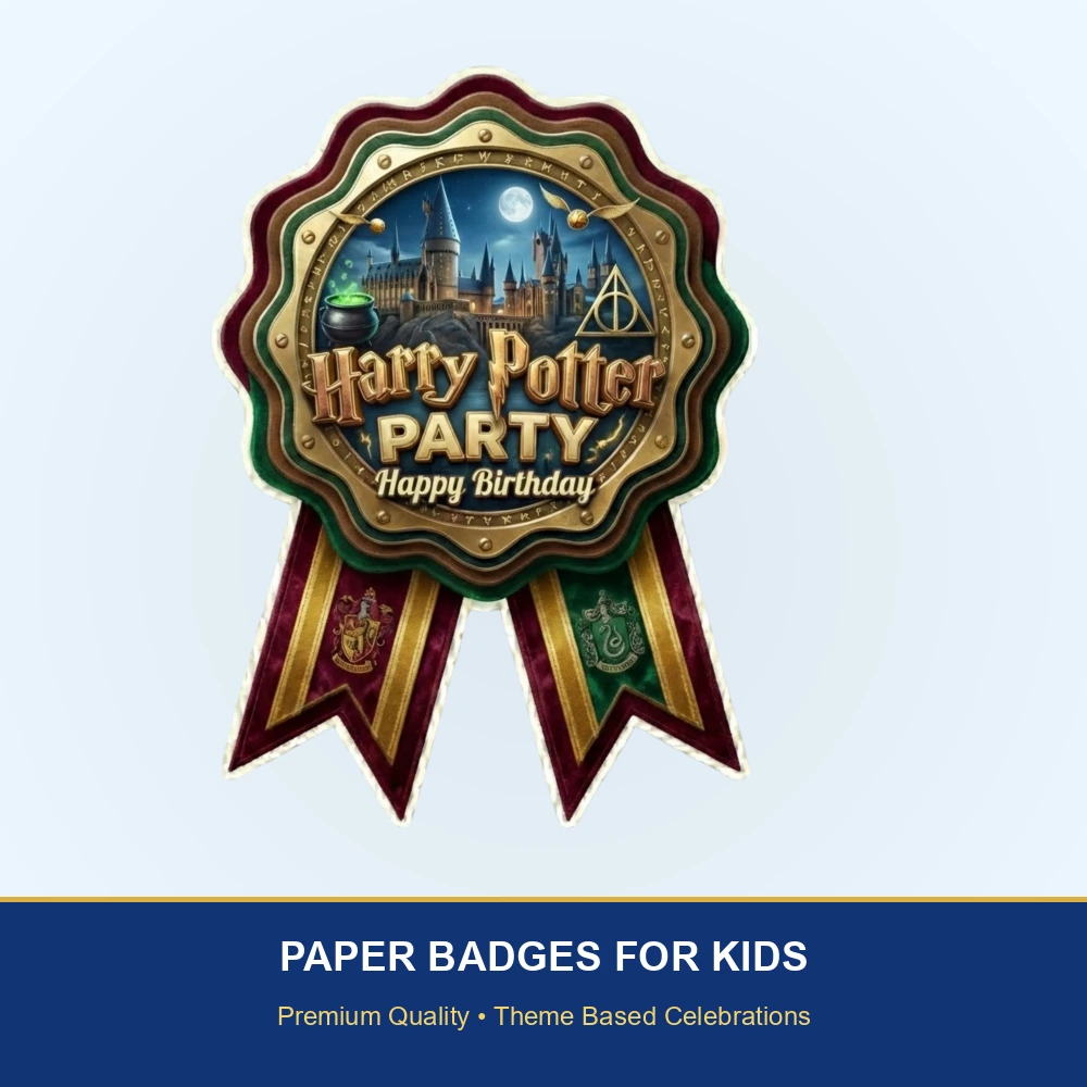 Harry Potter Theme Paper Badges For Kids Birthday Party Supplies (Pack Of 16) - 300 GSM Premium Cardstock with Pin (3.7 x 3 Inch) - Premium Handcrafted 300 GSM Theme Badges by Party Decor Mall India - View 2