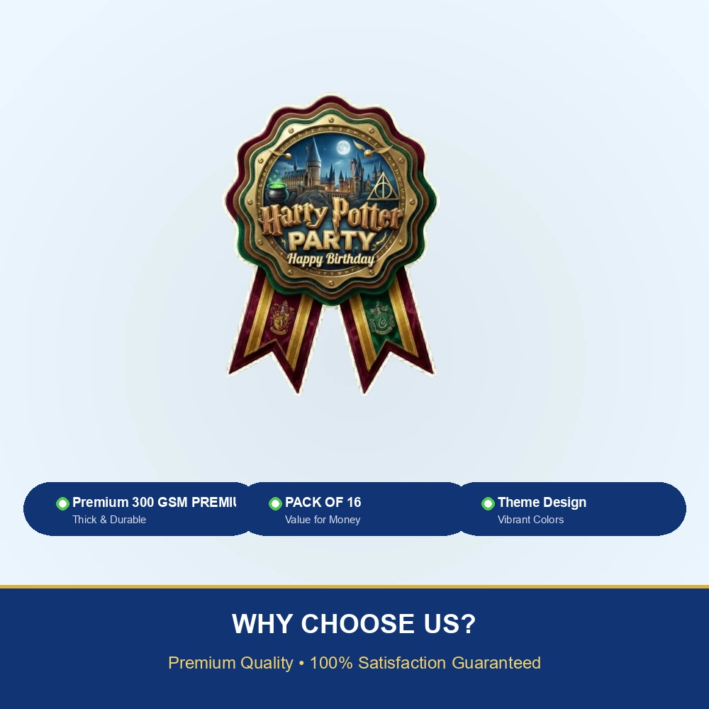 Harry Potter Theme Paper Badges For Kids Birthday Party Supplies (Pack Of 16) - 300 GSM Premium Cardstock with Pin (3.7 x 3 Inch) - Premium Handcrafted 300 GSM Theme Badges by Party Decor Mall India - View 7