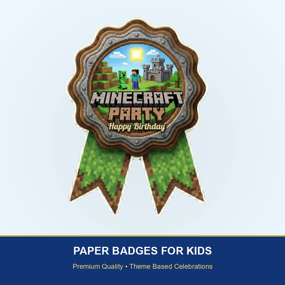 Minecraft Theme Paper Badges For Kids Birthday Party Supplies (Pack Of 16) - 300 GSM Premium Cardstock with Pin (3.7 x 3 Inch) - Premium Handcrafted 300 GSM Theme Badges by Party Decor Mall India - View 2