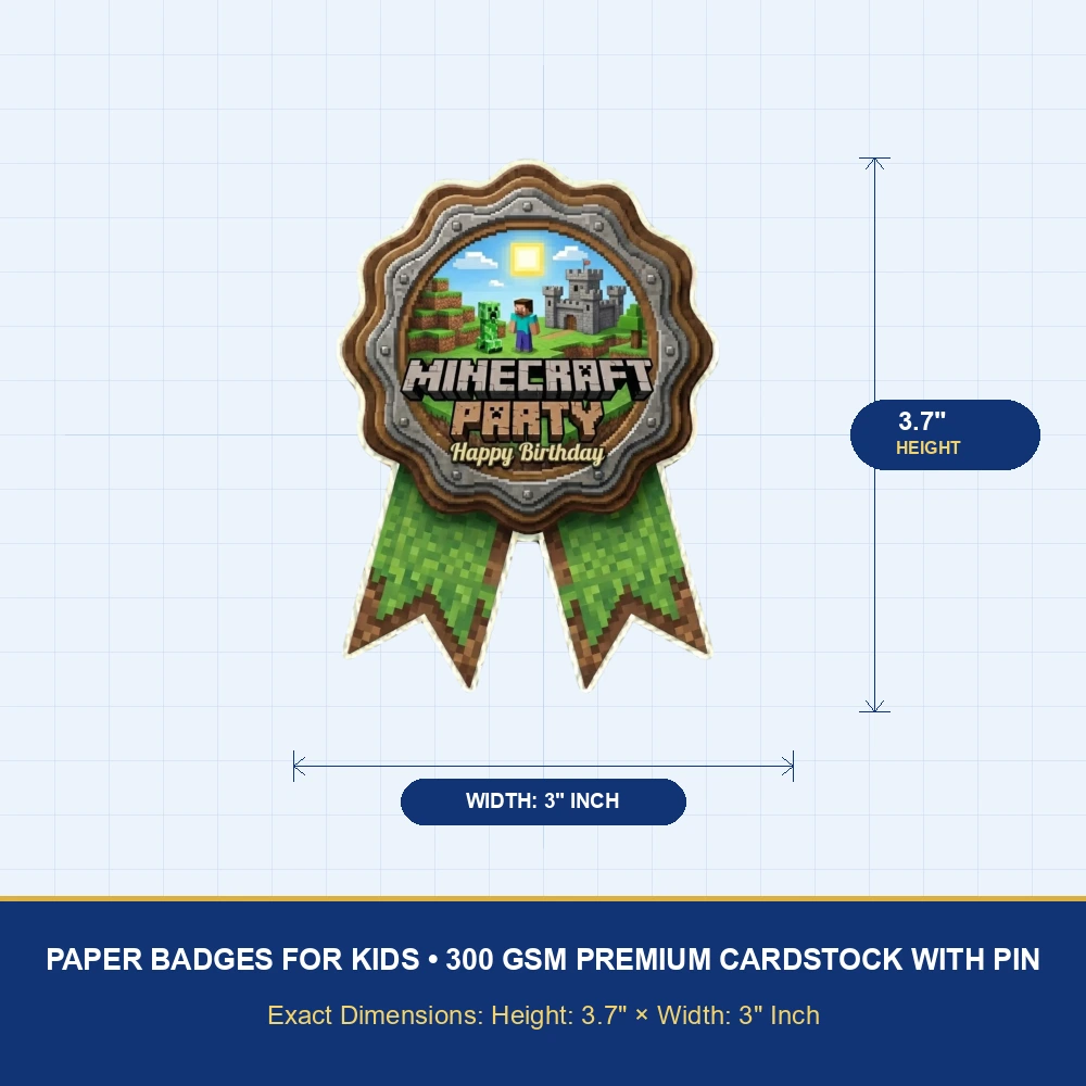 Minecraft Theme Paper Badges For Kids Birthday Party Supplies (Pack Of 16) - 300 GSM Premium Cardstock with Pin (3.7 x 3 Inch) - Premium Handcrafted 300 GSM Theme Badges by Party Decor Mall India - View 4