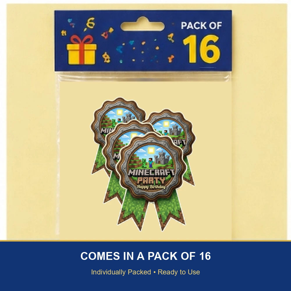 Minecraft Theme Paper Badges For Kids Birthday Party Supplies (Pack Of 16) - 300 GSM Premium Cardstock with Pin (3.7 x 3 Inch) - Premium Handcrafted 300 GSM Theme Badges by Party Decor Mall India - View 6