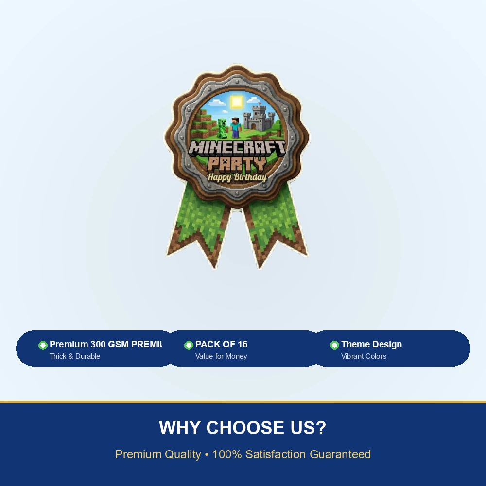 Minecraft Theme Paper Badges For Kids Birthday Party Supplies (Pack Of 16) - 300 GSM Premium Cardstock with Pin (3.7 x 3 Inch) - Premium Handcrafted 300 GSM Theme Badges by Party Decor Mall India - View 7