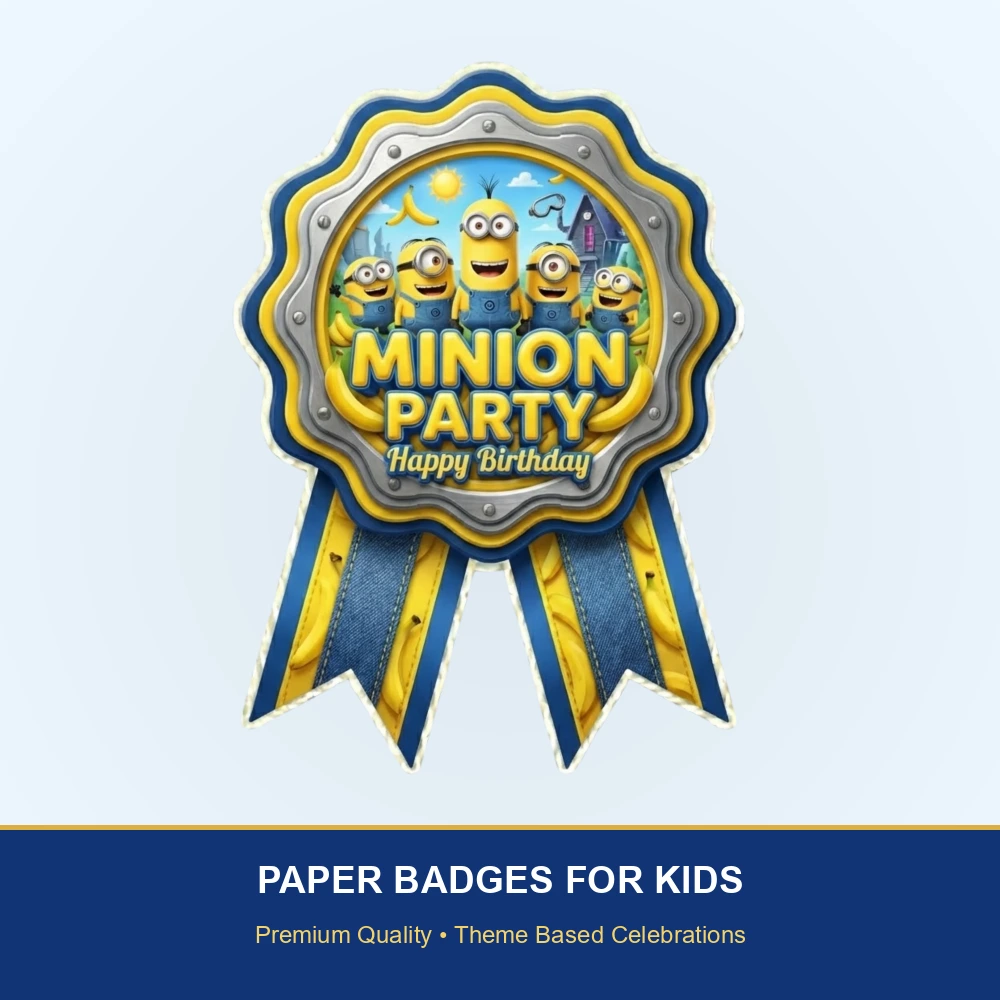 Minions Theme Paper Badges For Kids Birthday Party Supplies (Pack Of 16) - 300 GSM Premium Cardstock with Pin (3.7 x 3 Inch) - Premium Handcrafted 300 GSM Theme Badges by Party Decor Mall India - View 2
