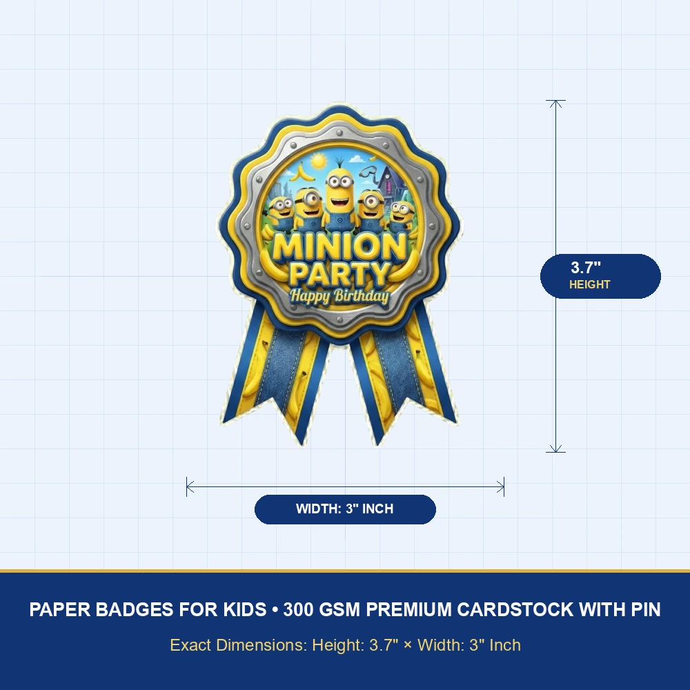 Minions Theme Paper Badges For Kids Birthday Party Supplies (Pack Of 16) - 300 GSM Premium Cardstock with Pin (3.7 x 3 Inch) - Premium Handcrafted 300 GSM Theme Badges by Party Decor Mall India - View 4