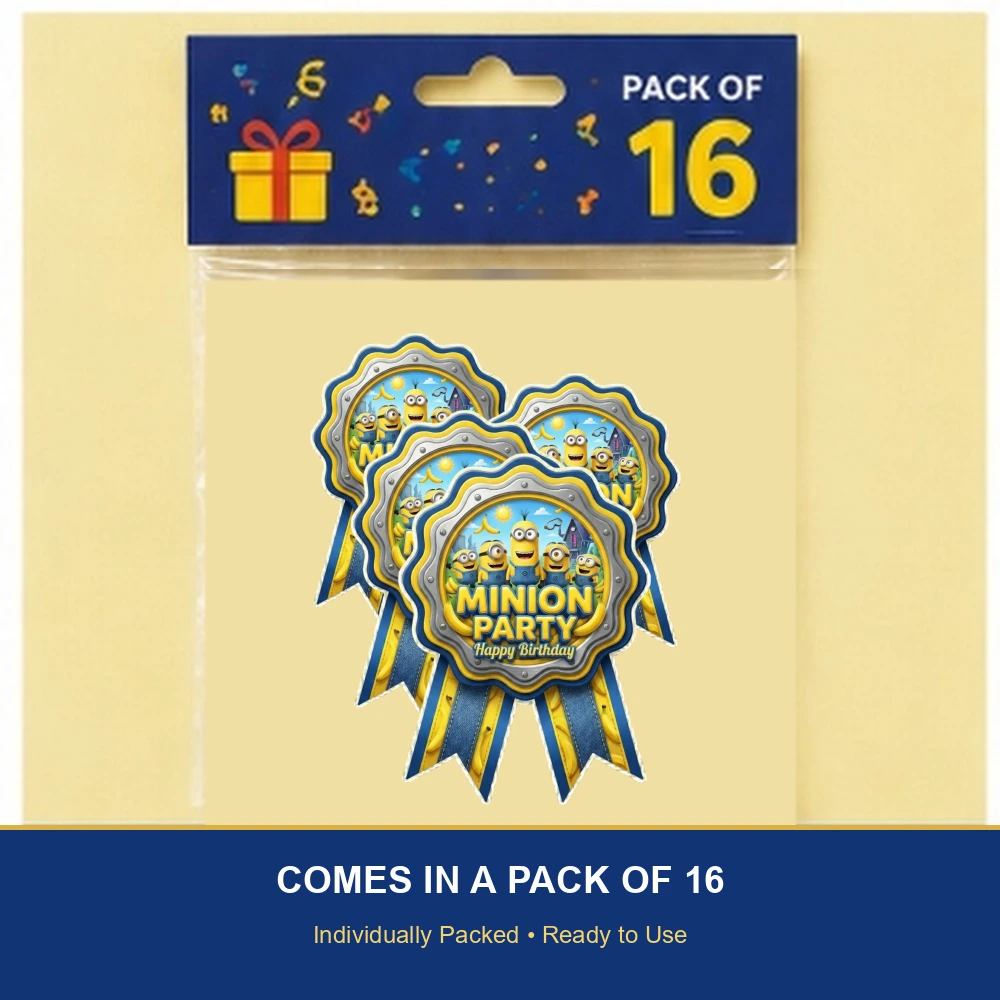 Minions Theme Paper Badges For Kids Birthday Party Supplies (Pack Of 16) - 300 GSM Premium Cardstock with Pin (3.7 x 3 Inch) - Premium Handcrafted 300 GSM Theme Badges by Party Decor Mall India - View 6