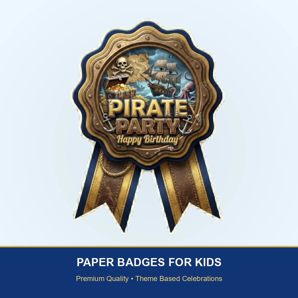 Pirate Theme Paper Badges For Kids Birthday Party Supplies (Pack Of 16) - 300 GSM Premium Cardstock with Pin (3.7 x 3 Inch) - Premium Handcrafted 300 GSM Theme Badges by Party Decor Mall India - View 2