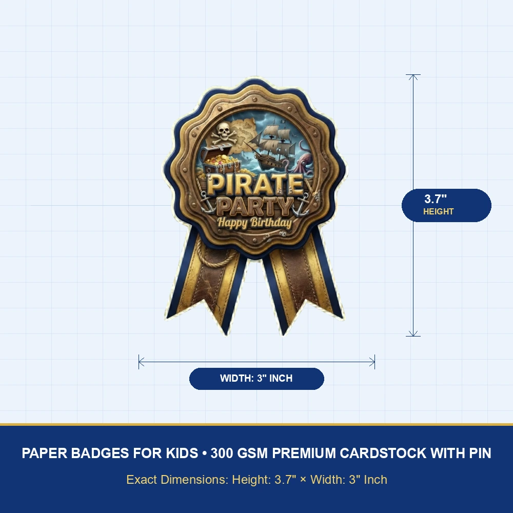 Pirate Theme Paper Badges For Kids Birthday Party Supplies (Pack Of 16) - 300 GSM Premium Cardstock with Pin (3.7 x 3 Inch) - Premium Handcrafted 300 GSM Theme Badges by Party Decor Mall India - View 4