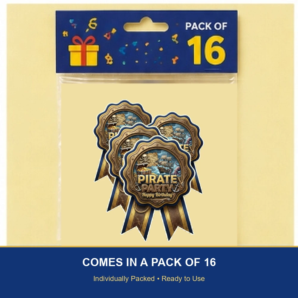 Pirate Theme Paper Badges For Kids Birthday Party Supplies (Pack Of 16) - 300 GSM Premium Cardstock with Pin (3.7 x 3 Inch) - Premium Handcrafted 300 GSM Theme Badges by Party Decor Mall India - View 6