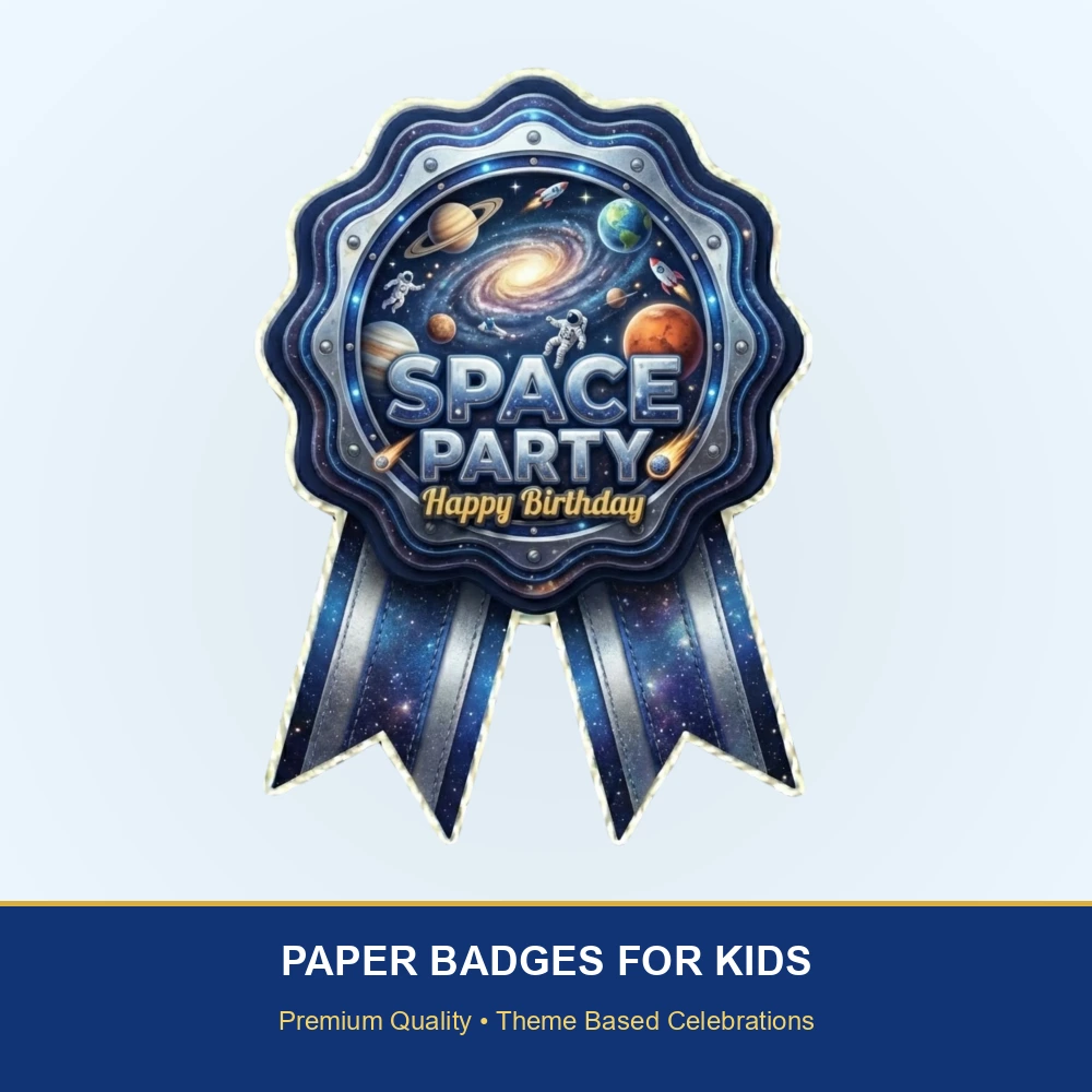 Space Theme Paper Badges For Kids Birthday Party Supplies (Pack Of 16) - 300 GSM Premium Cardstock with Pin (3.7 x 3 Inch) - Premium Handcrafted 300 GSM Theme Badges by Party Decor Mall India - View 2