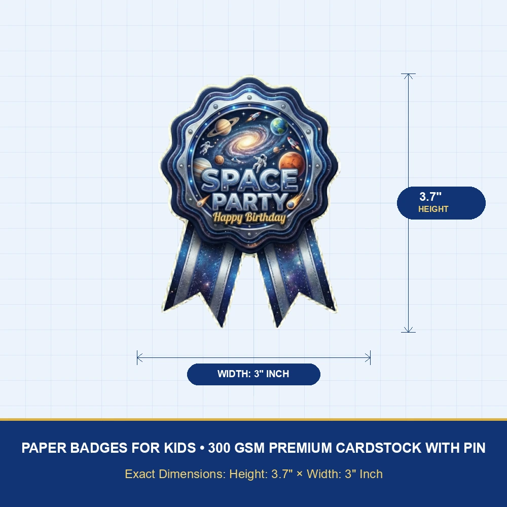 Space Theme Paper Badges For Kids Birthday Party Supplies (Pack Of 16) - 300 GSM Premium Cardstock with Pin (3.7 x 3 Inch) - Premium Handcrafted 300 GSM Theme Badges by Party Decor Mall India - View 4