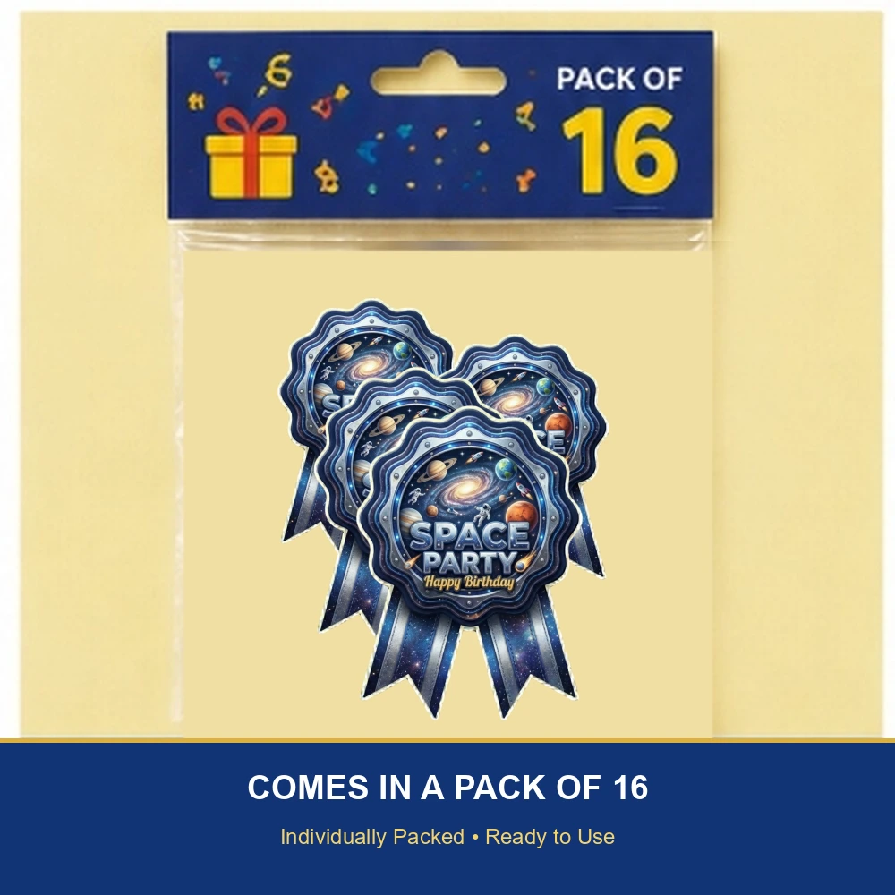 Space Theme Paper Badges For Kids Birthday Party Supplies (Pack Of 16) - 300 GSM Premium Cardstock with Pin (3.7 x 3 Inch) - Premium Handcrafted 300 GSM Theme Badges by Party Decor Mall India - View 6