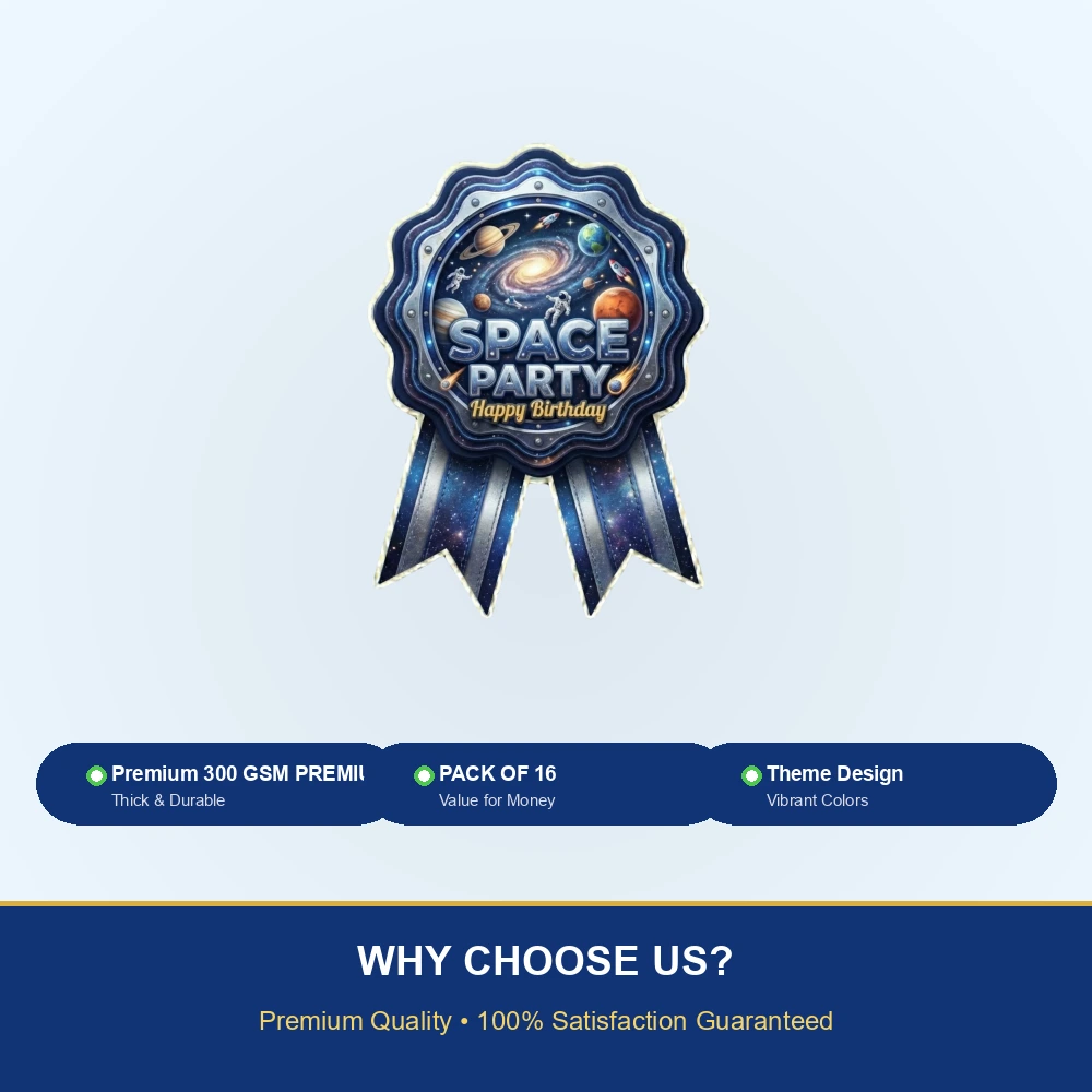 Space Theme Paper Badges For Kids Birthday Party Supplies (Pack Of 16) - 300 GSM Premium Cardstock with Pin (3.7 x 3 Inch) - Premium Handcrafted 300 GSM Theme Badges by Party Decor Mall India - View 7