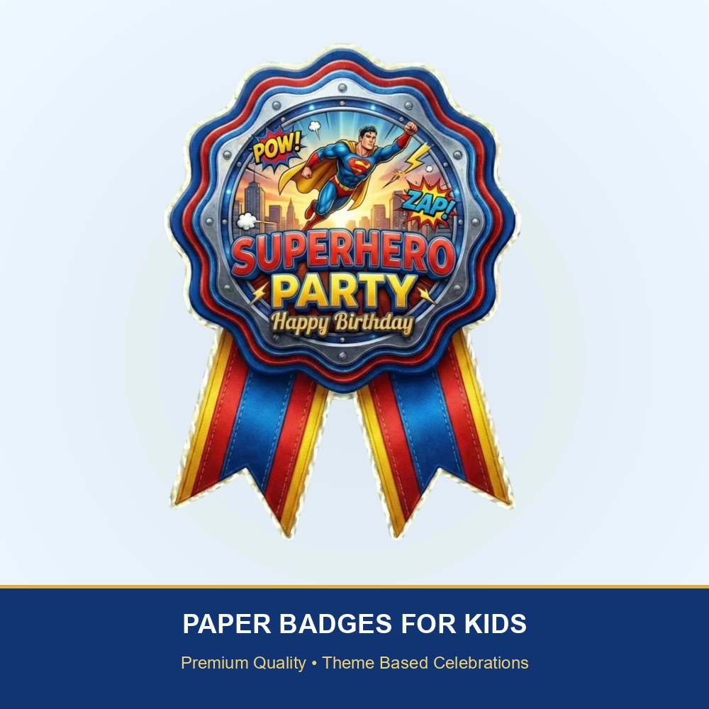 Super Hero Theme Paper Badges For Kids Birthday Party Supplies (Pack Of 16) - 300 GSM Premium Cardstock with Pin (3.7 x 3 Inch) - Premium Handcrafted 300 GSM Theme Badges by Party Decor Mall India - View 2