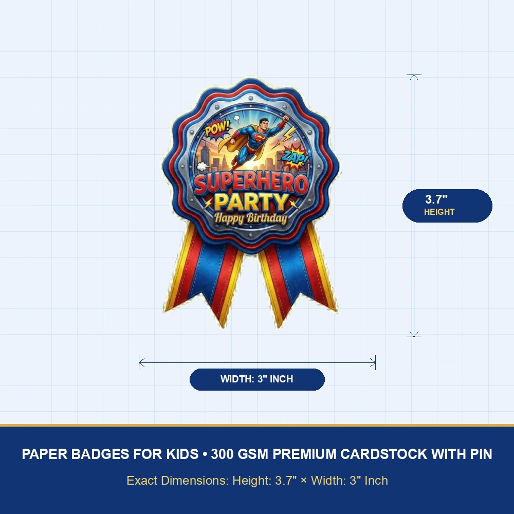 Super Hero Theme Paper Badges For Kids Birthday Party Supplies (Pack Of 16) - 300 GSM Premium Cardstock with Pin (3.7 x 3 Inch) - Premium Handcrafted 300 GSM Theme Badges by Party Decor Mall India - View 4